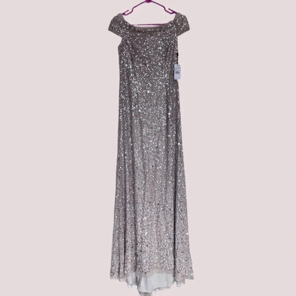 NWT Adrianna Papell Off The Shoulder Sequin Beaded Gown - 6 - Picture 3 of 6